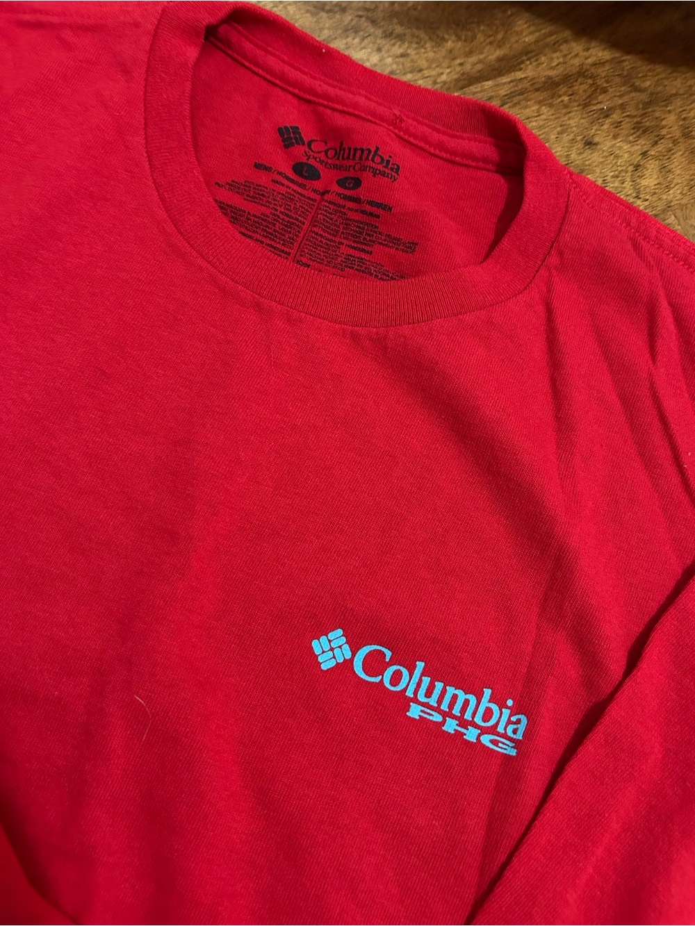 Columbia Red Long Sleeve Tee with Light Blue Chest Logo